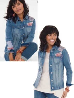 Chicos Ecletic Patchwork Denim Trucker Jacket